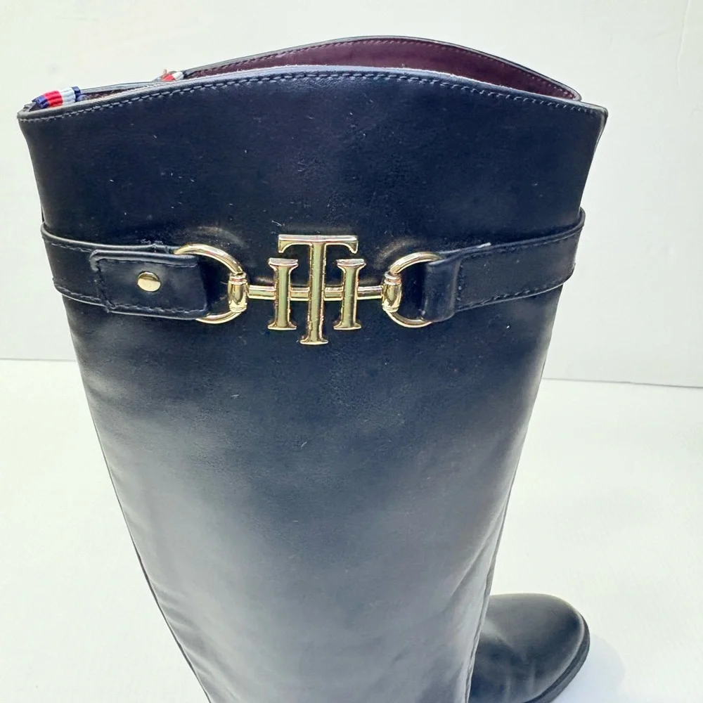 Tommy Hilfiger Inezy Black Knee High Equestrian Boots Side Zip Block Heel Sz6